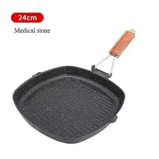 Steak Pan Foldable Frying Pan Picnic Outdoor Grill Pan Anti-scald Wooden Handle,Seasoning Bottle Food Cilps Kitchen Accessories