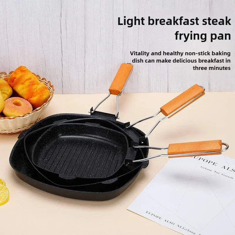Steak Pan Foldable Frying Pan Picnic Outdoor Grill Pan Anti-scald Wooden Handle,Seasoning Bottle Food Cilps Kitchen Accessories