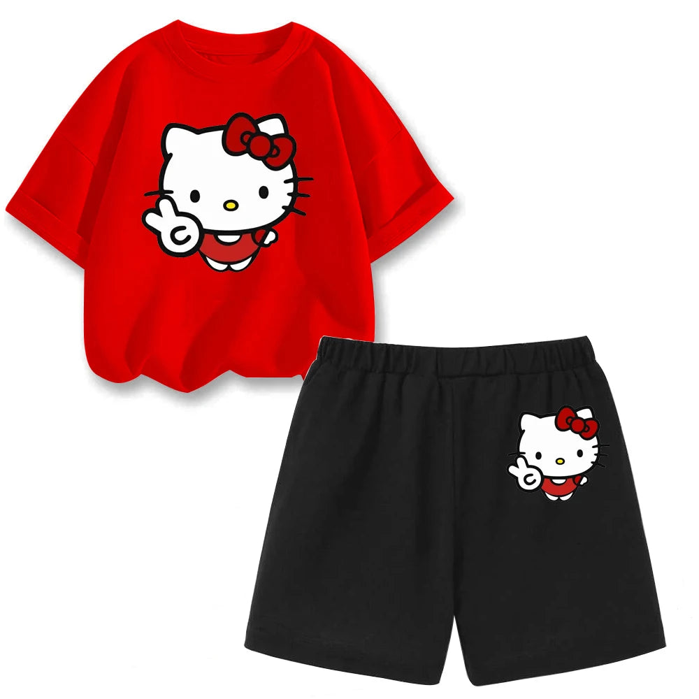 Girls, Boys, Hello Kitty Clothing. Summer Girls' Short-sleeved Cotton Children's Sports T-shirt + Shorts Two-piece Set