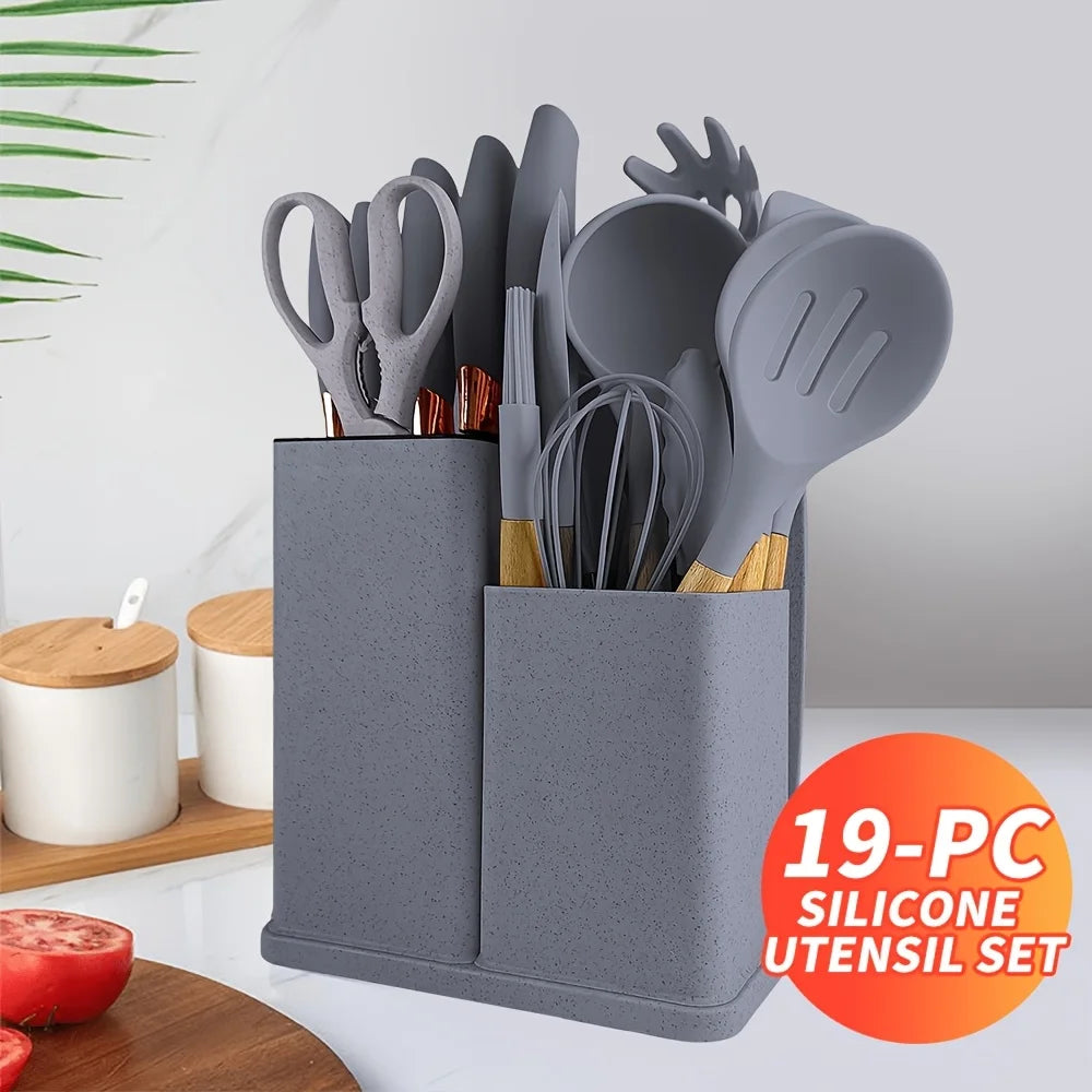 19pcs Heat - Resistant Silicone Kitchen Utensil Set  Non - Stick Tools & Knives in Bamboo Storage. Ideal for Easy Cooking