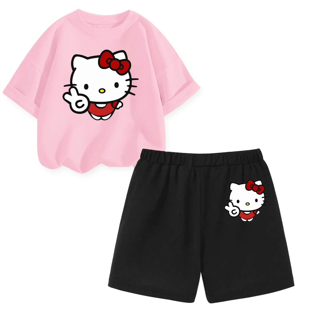 Girls, Boys, Hello Kitty Clothing. Summer Girls' Short-sleeved Cotton Children's Sports T-shirt + Shorts Two-piece Set
