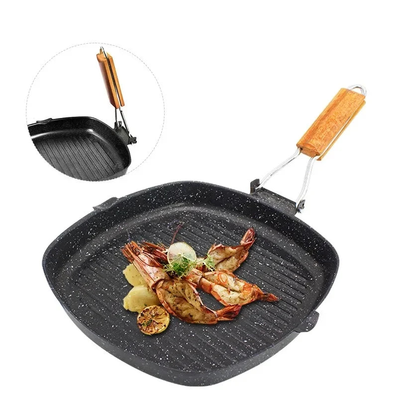 Steak Pan Foldable Frying Pan Picnic Outdoor Grill Pan Anti-scald Wooden Handle,Seasoning Bottle Food Cilps Kitchen Accessories